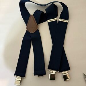 Carhartt Dark Blue Suspenders with Brown Leather Accent Adjustable